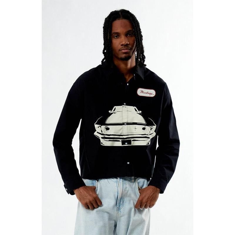 FORD Men's Mustang Button Down Long Sleeve Cropped Shirt Hoodie Sweatshirt | PrintMintTees.com