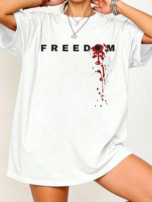 "FREEDOM" Blood Splatter Gothic Tee - Women's White Oversized T-Shirt Hoodie Sweatshirt | PrintMintTees.com