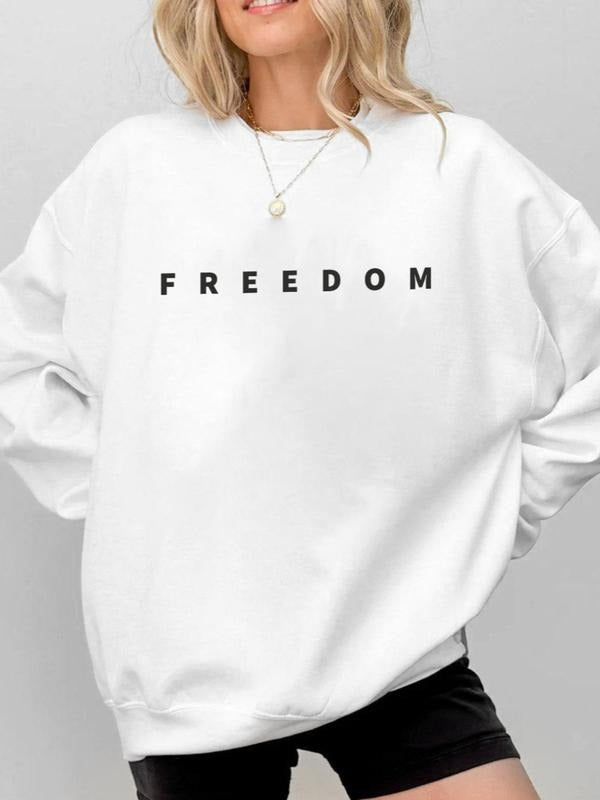 "FREEDOM" Oversized Sweatshirt - Women's White Minimalist Casual Crewneck Shirt Hoodie | PrintMintTees.com