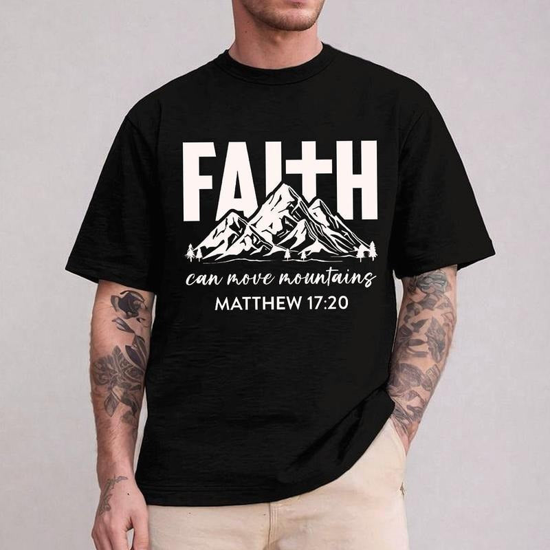 Faith Can Move Mountains Tee Pure Cotton Casual Street Style Crew Neck Short Sleeve T-Shirt Tops Trendy for Women for Men...