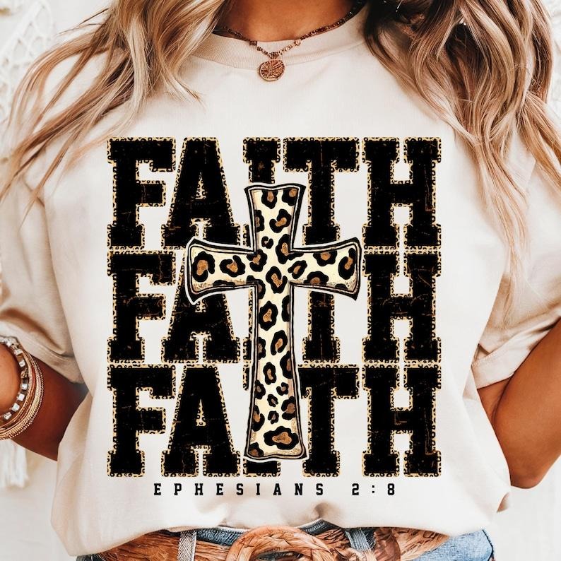 Faith Cross Tshirt, Leopard Print Christian Shirt, Faith-Based Shirt, Inspirational Religious Scripture Tee Hoodie Sweatshirt