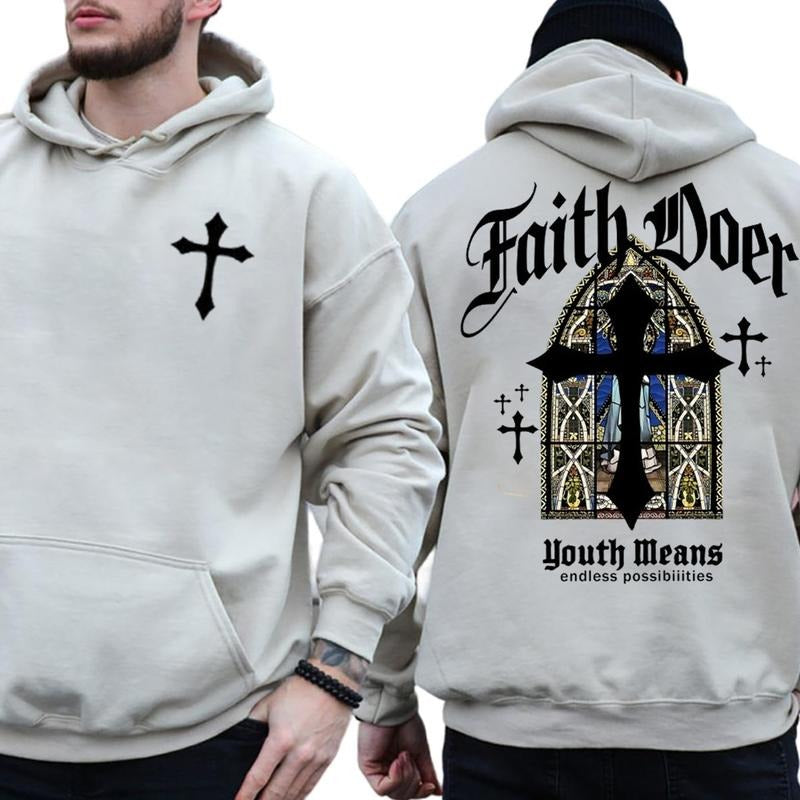 Faith Doer, Youth Means 2 Sided Graphic Hoodie Casual Street Style Fleece Fabric Pullover Hooded Sweatshirt Trendy Tops...