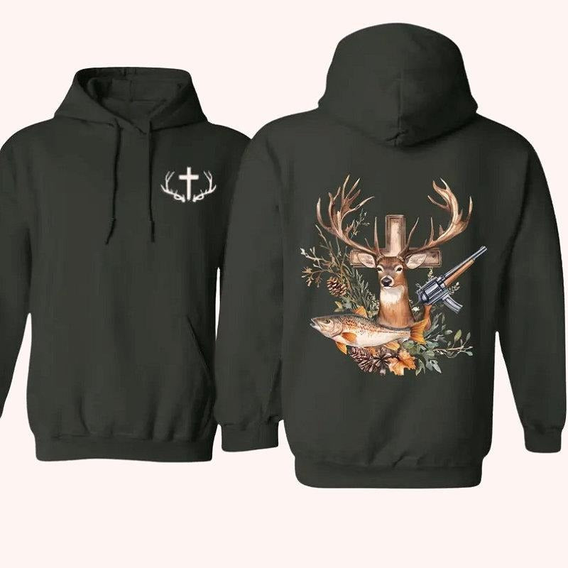 Faith Hunting Hoodie With Deer, Cross, And Fish 2 Sided Graphic Hoodie Casual Fleece Fabric Hooded Sweatshirt Trendy Tops...