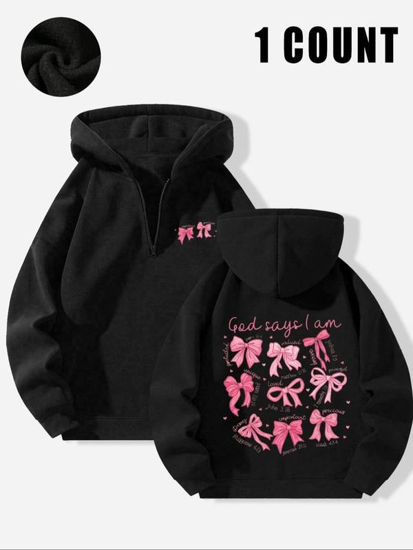 "Faith-Inspired Bow" Sweet-Edgy Hoodie, Black Half-Zip Sweatshirt with Inspirational Art, Ideal for Faith Trendsetters &...
