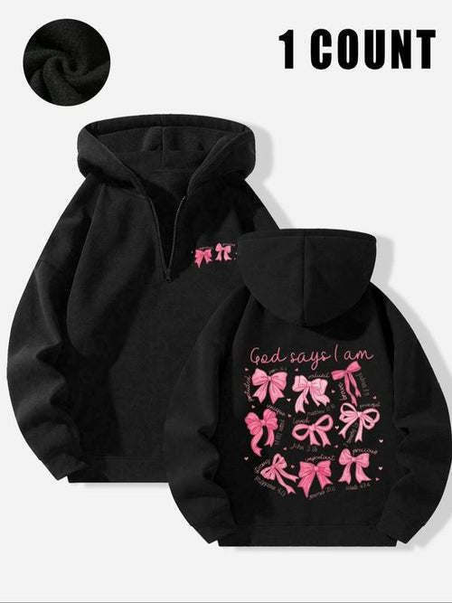 "Faith-Inspired Bow" Sweet-Edgy Hoodie, Black Half-Zip Sweatshirt with Inspirational Art, Ideal for Faith Trendsetters &...