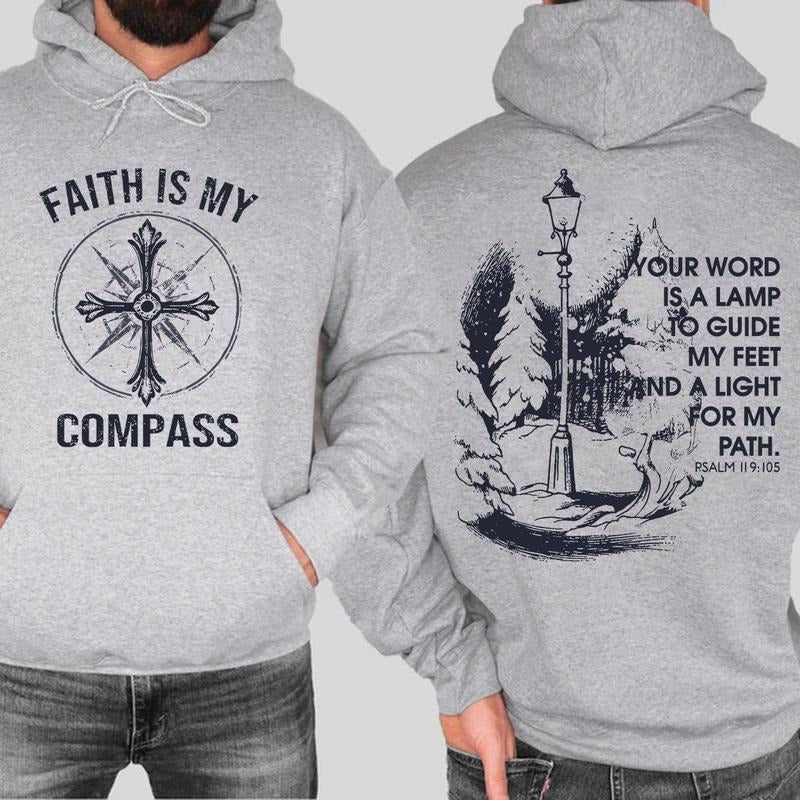 Faith Is My Compass 2 Sided Graphic Hoodie Casual Street Style Fleece Fabric Pullover Hooded Sweatshirt Trendy Christian...