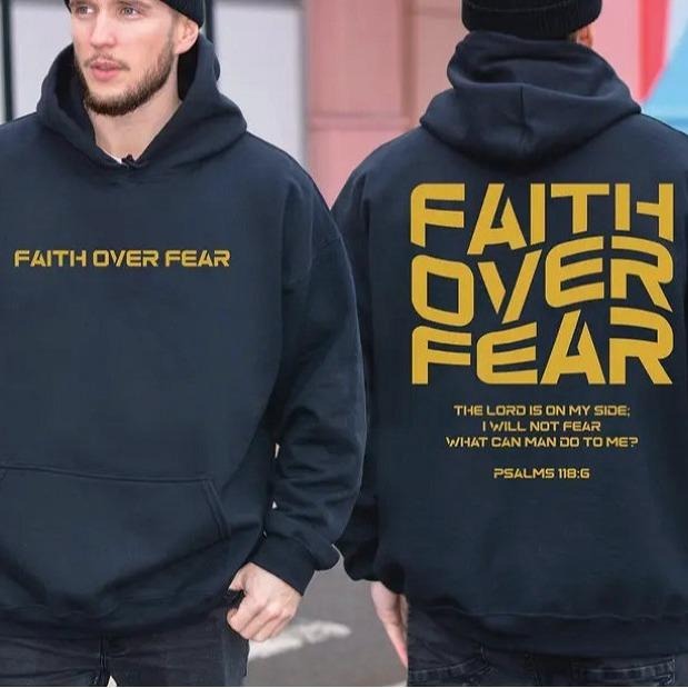 Faith Over Fear Christian 2 Sided Graphic Hoodie Fleece Fabric Casual Hooded Sweatshirt Trendy Tops Perfect Gift Shirt