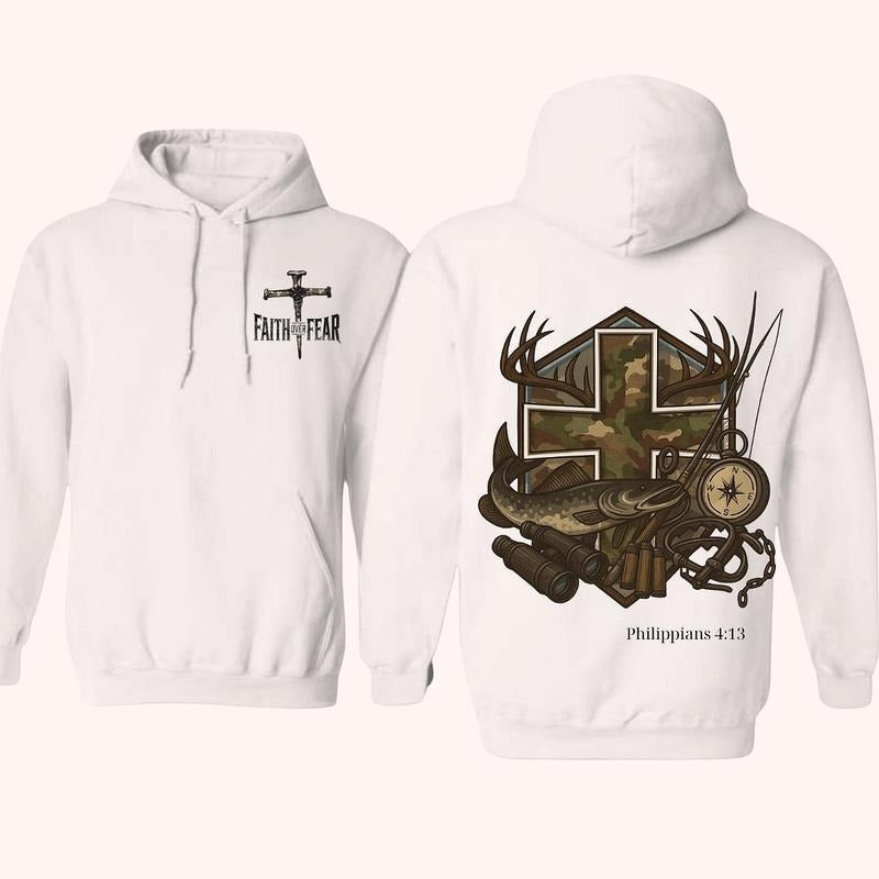 Faith Over Fear Christian Hoodie With Camo Cross And Antlers, Philippians 413 Hunting Fishing 2 Sided Graphic Hoodie...