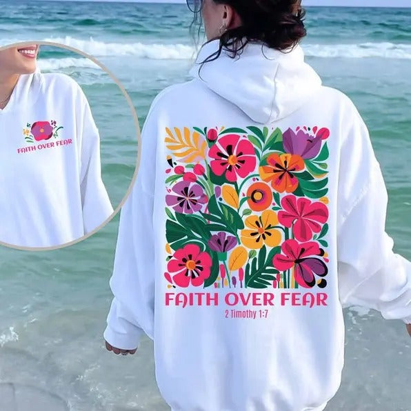 Faith Over Fear Hoodie, Christian Hoodie Bible Verse, Aesthetic Sweatshirts, Jesus Hoodie, Church hoodie, Trendy Boho...