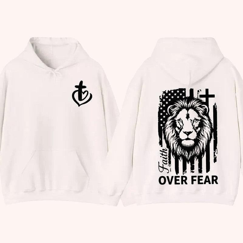 Faith Over Fear Lion Cross Hoodie, American Flag Christian 2 Sided Graphic Hoodie Fleece Fabric Casual Hooded Sweatshirt...