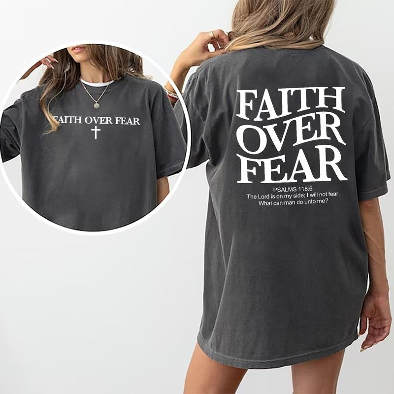 Faith Over Fear Shirt, Christian Tee, Jesus Double Sided Graphic Printed Short Sleeve Tee Shirt, Unisex Cotton Fabric...