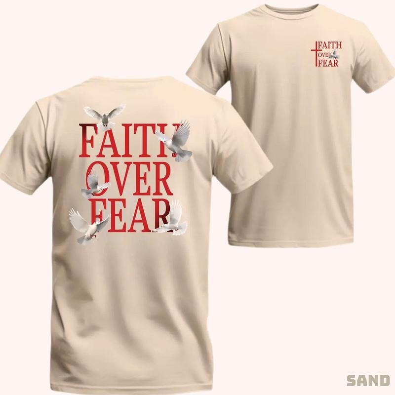 Faith Over Fear Shirt, Christian, Inspirational Dove 2 Siđed Tee Pure Cotton Casual Street Style Crew Neck Short Sleeve...