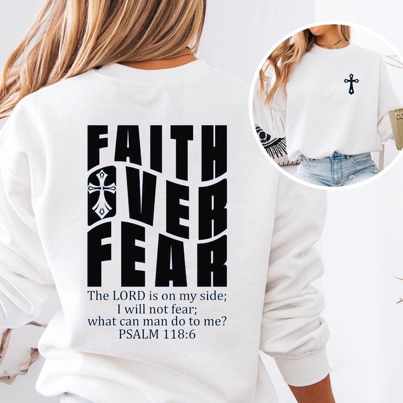 Faith Over Fear Sweatshirt, Bible Verse 2 Sideđ Graphic Sweatshirt Casual Street Style Fleece Crewneck Pullover...