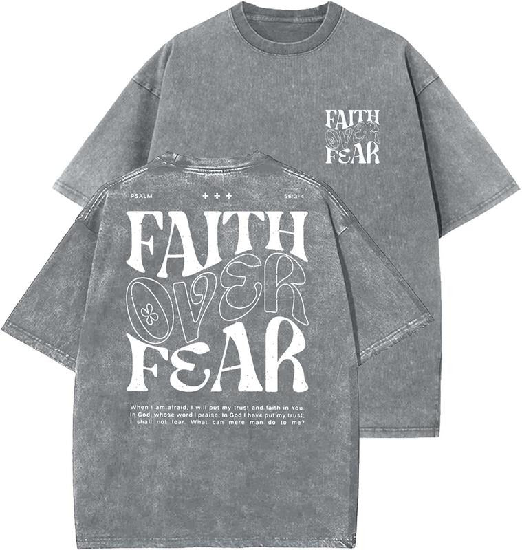 Faith Over Fear Unisex Washed T-Shirt, Christian Tshirts, Vintage 90s Graphic Tee, Gift Top Womenswear Cotton Mineral...