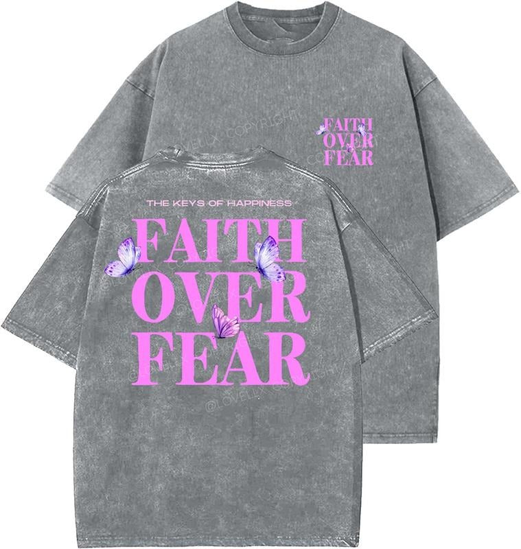 Faith Over Fear Unisex Washed T-Shirt, Christian Tshirts, Vintage 90s Graphic Tee, Gift Top Womenswear Cotton Mineral...