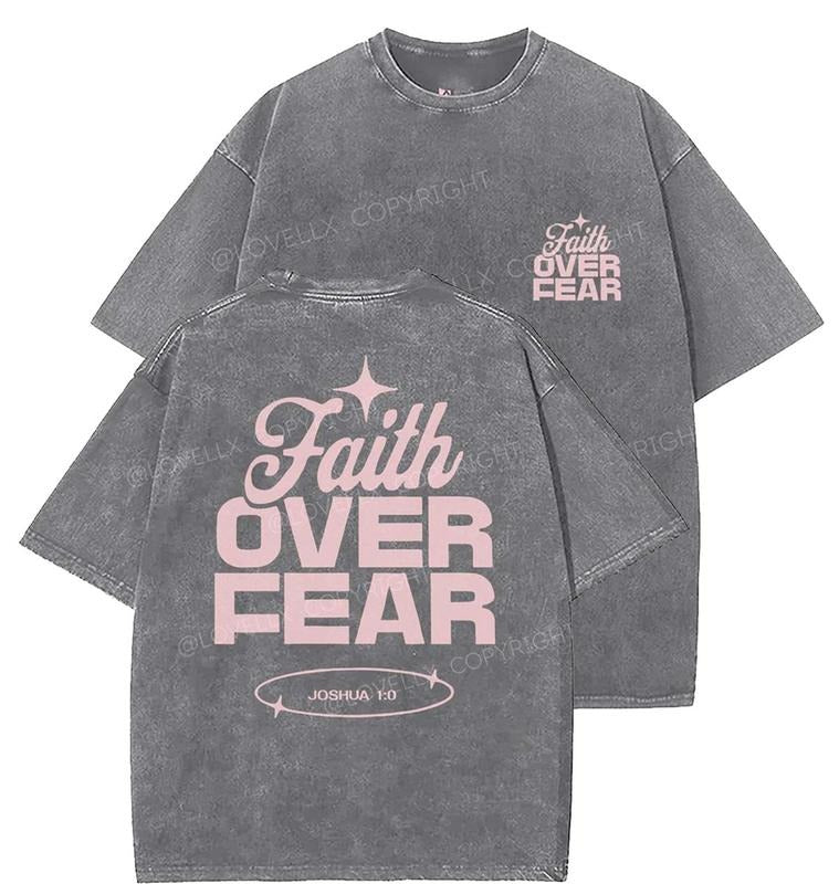 Faith Over Fear Unisex Washed T-Shirt, Christian Tshirts, Vintage 90s Graphic Tee, Gift Top Womenswear Cotton Mineral...