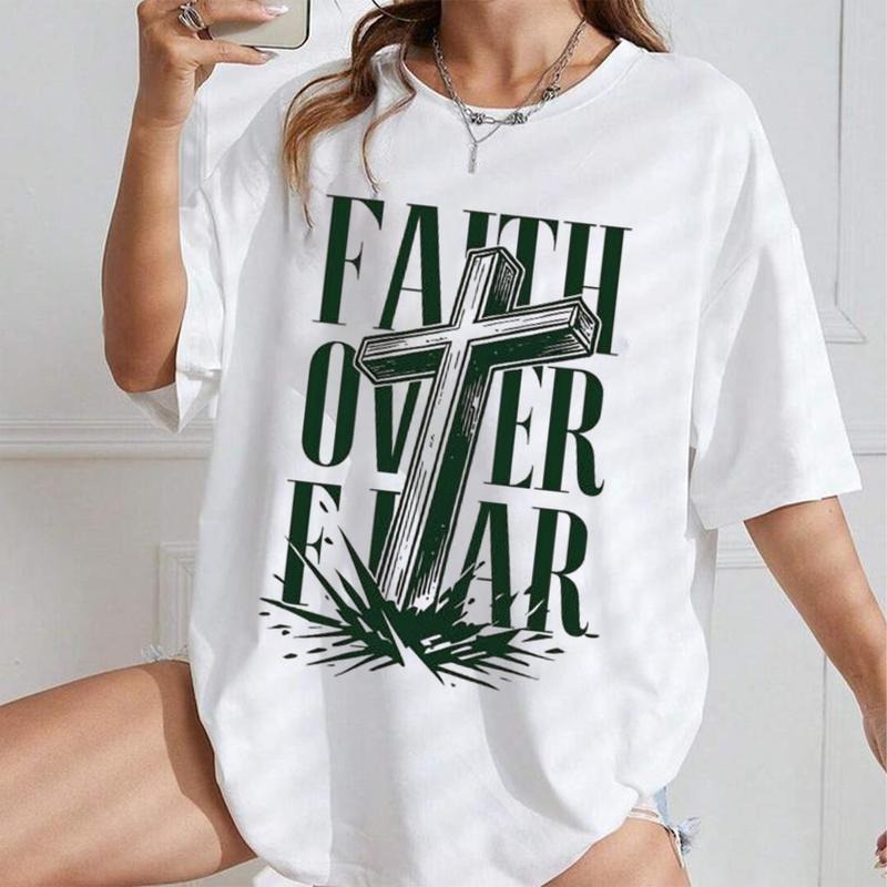 Faith over Fear, Christian Tee Pure Cotton Casual Street Style Crew Neck Short Sleeve T-Shirt Tops Trendy for Women for...