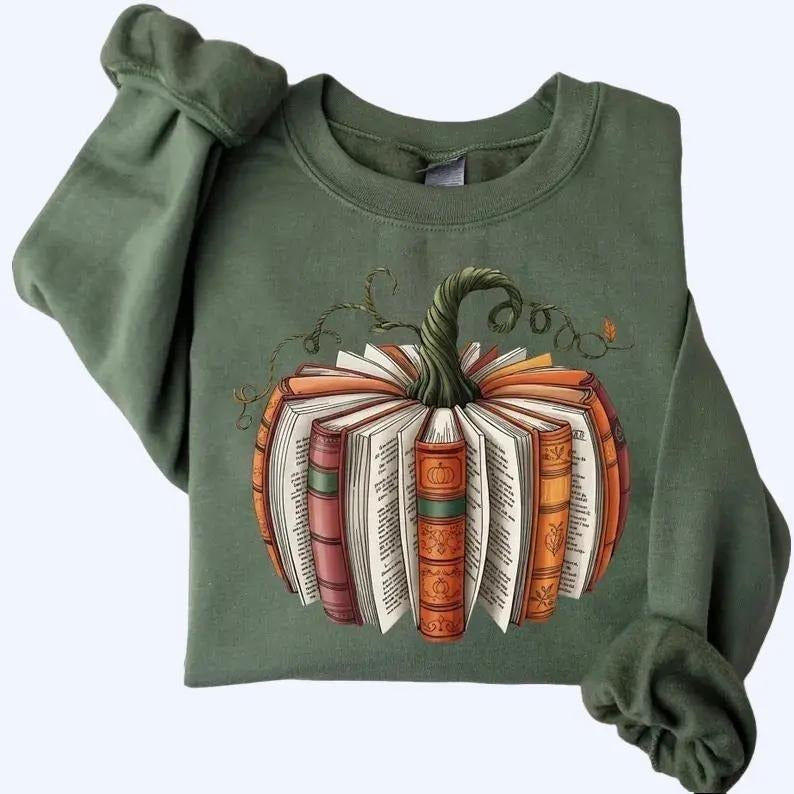 Fall Book Pumpkin Halloween Shirt or Sweatshirt, Cute Book Lover Graphic Tee, Cozy Autumn Bookish Top, Teacher Halloween...
