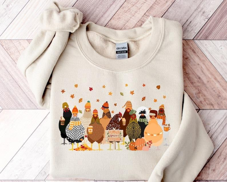 Fall Chicken Sweatshirt, Halloween Chicken Sweatshirt, Women Chicken Sweatshirt, Pumpkin Chickens, Animal Sweatshirt,Fall...