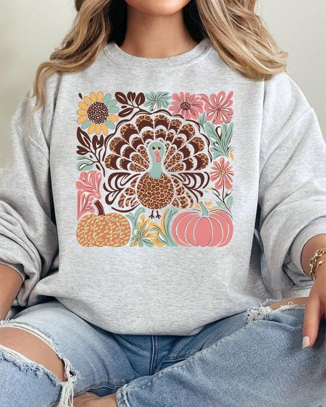 Fall Floral Turkey Heavy-weight Crew Sweatshirt Shirt Hoodie | PrintMintTees.com