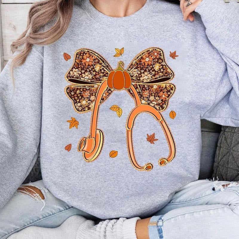Fall Nurse Shirt, Autumn Stethoscope Nurse Tee, Floral Pumpkin Thanksgiving Shirt, Cozy Season Nurse Top, Cute Fall...