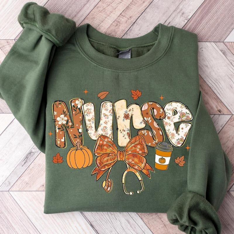 Fall Nurse Shirt, Coquette Nurse Shirt with Stethoscope Bow, Cute Floral Nurse Tee, Autumn Coffee Pumpkin Nurse Shirt,...