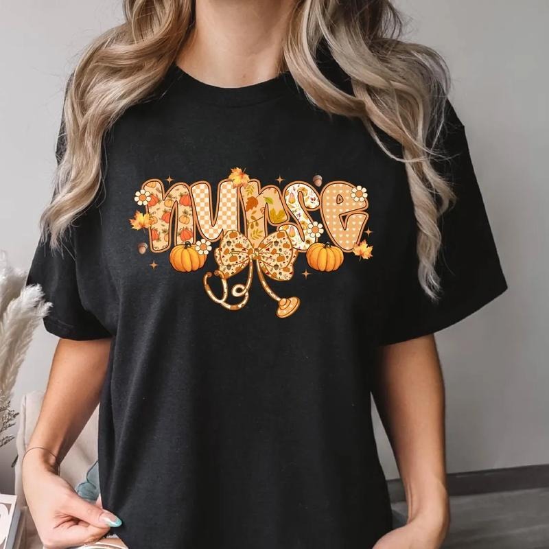 Fall Nurse Shirt, Floral Autumn Pumpkin Nurse Tee, Cozy Seasonal Nurse Outfit, Cute Thanksgiving Medical Worker Top,...