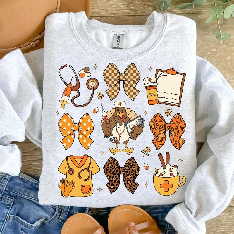 Fall Nurse Thanksgiving Shirt, Thankful Nurse Coquette Tee, Leopard Checkered Nurse Top, Cute Fall Stethoscope Nurse...