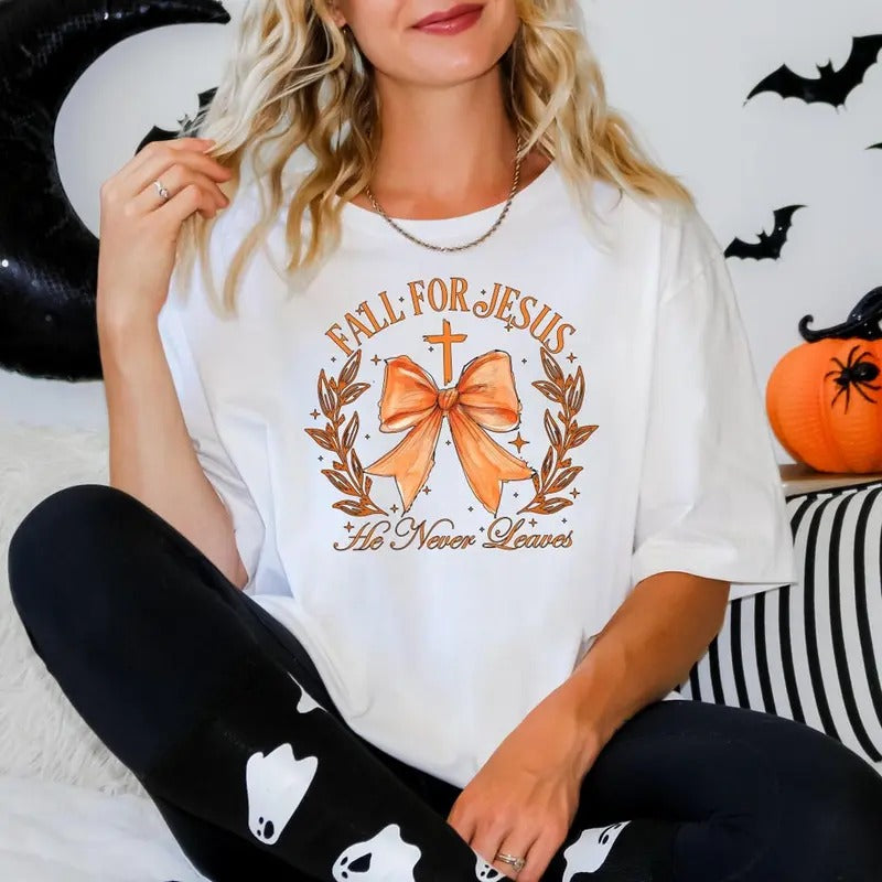 Fall Shirt, Fall For Jesus He Never Leaves Shirt, Fall For Jesus Shirt, Jesus Sweatshirt, Autumn Sweatshirt Cotton...