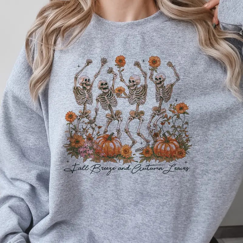 Fall Skeleton Sweatshirt Fall Skeleton Pullover Fall Breeze Dancing Skeleton Hoodie Fall Pumpkin Skull Sweatshirts Shirt