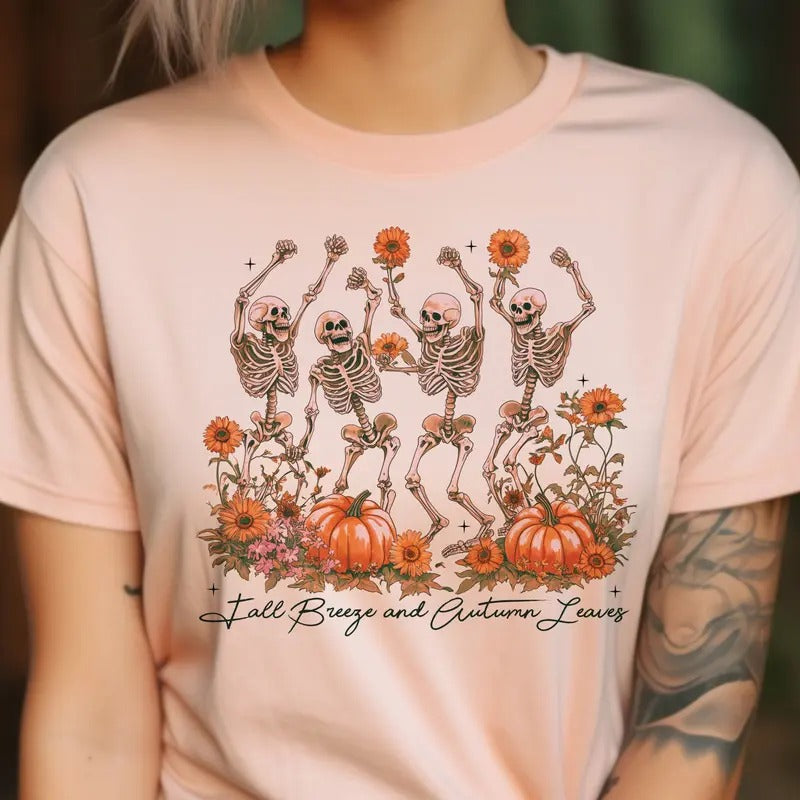 Fall Skeleton Tees Fall Breeze and Autumn Leaves Tshirts Dancing Skeleton Tees Fall Pumpkin Skull T-Shirts Hoodie, Sweatshirt