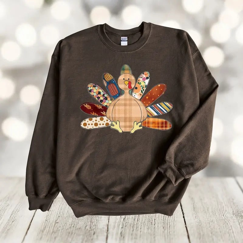 Fall Sweatshirt, Patchwork Turkey, Thanksgiving Turkey, Quilted Turkey, Gildan Sweatshirt Cotton Menswear Shirt Hoodie