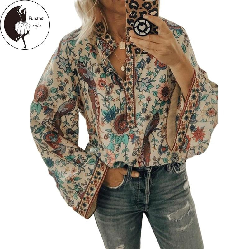 Women Casual Blouse, Long Sleeve Floral Printed Loose V-Neck Tops, Loose Wild Fashion Spring/Fall Top Shirt Hoodie Sweatshirt