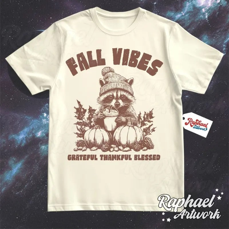 Fall Vibes Halloween Vintage Shirt, Retro 90s Fall Tshirt, Cute Racoon Graphic Tee, Thanksgiving Outfit Cotton Menswear...