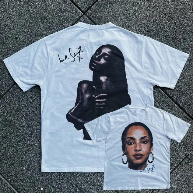 Fashion Basics Sade Adu Print Short Sleeve T-Shirt, Double Sided Prints Vintage Bootleg T-Shirt, Rap, Hip Hop, R&B,...
