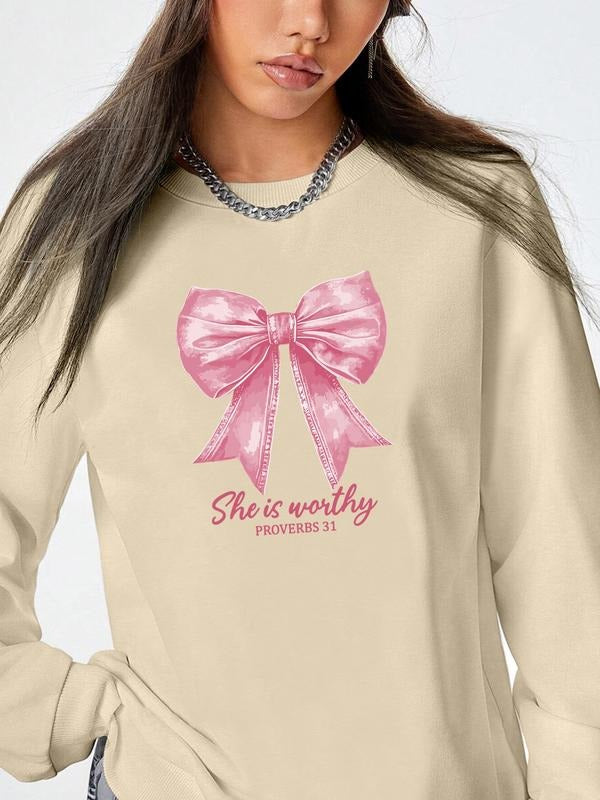 Fashion Casual Bow Print Long Sleeve Round Neck Pullover Sweatshirt, Available in 7 Colors, Perfect for Fall & Winter...