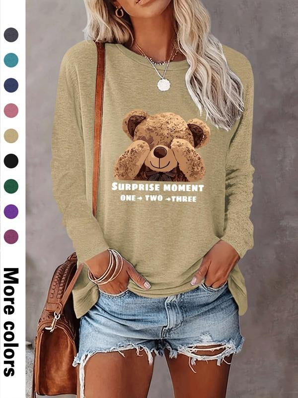 Fashion Casual Cartoon Bear Letter Print Long Sleeve T-Shirt, Comfortable Fabric, Available in 9 Colors, All Seasons Wear...
