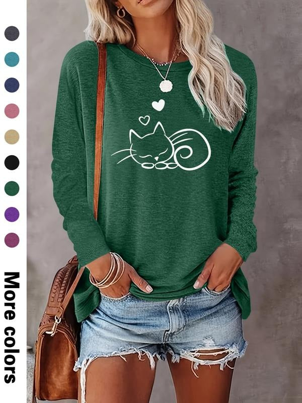 Fashion Casual Cartoon Cat Heart Print Long Sleeve Women's T-Shirt, Comfortable Fabric, 9 Colors Available, All Seasons...