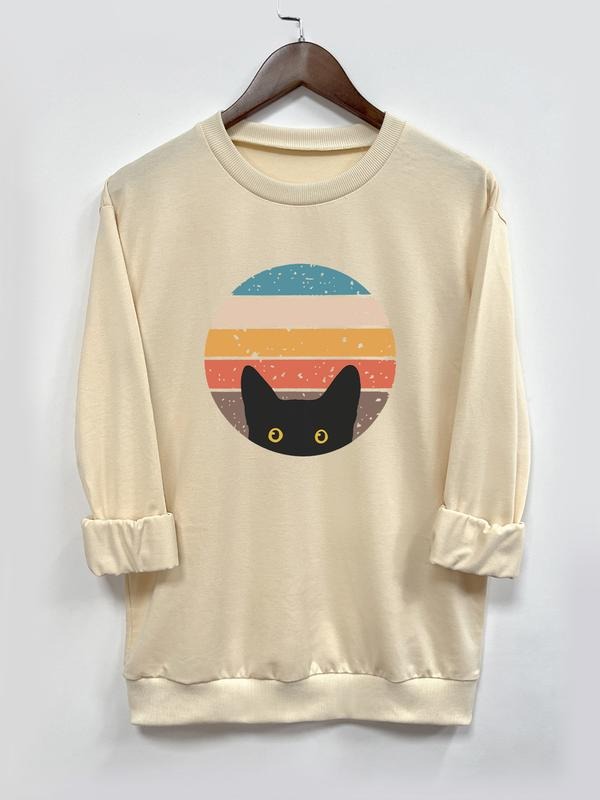 Fashion Casual Cartoon Cat Print Long Sleeve Sweatshirt, 8 Color Options for Fall & Winter, Comfortable Fitted Style...
