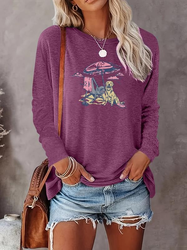 Fashion Casual Cartoon Dog Print Long Sleeve T-Shirt, Comfortable Fabric, Available in 6 Colors, Perfect for All Seasons...