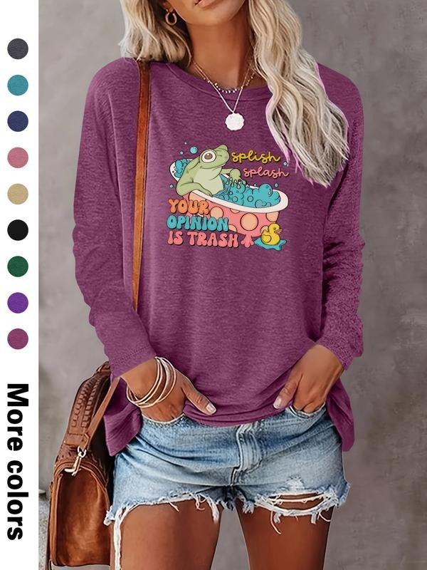 Fashion Casual Cartoon Letter Print Long Sleeve Women's T-Shirt, Comfortable Fabric, 9 Colors Available, Fitted Style,...