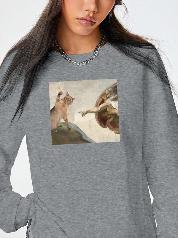 Fashion Casual Cartoon Print Long Sleeve Round Neck Pullover Sweatshirt, Available in 9 Colors, Perfect for Fall & Winter...