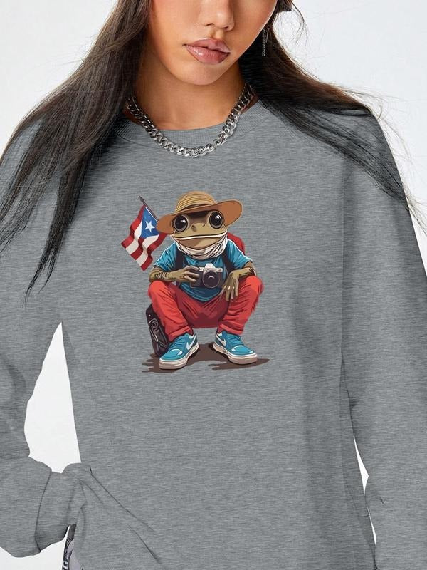 Fashion Casual Frog Cartoon Print Long Sleeve Round Neck Pullover Sweatshirt, Available in 7 Colors, Perfect for Fall &...