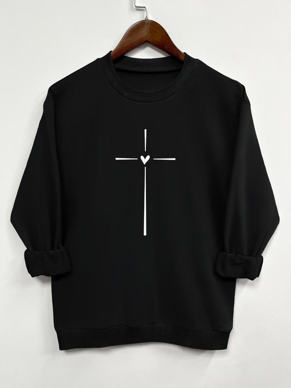 Fashion Casual Heart Cross Print Long Sleeve Crew Neck Sweatshirt, Choose From 9 Colors for Fall & Winter Wear, Fitted...