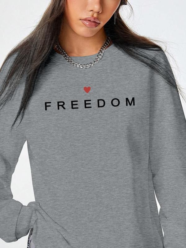 Fashion Casual Heart Element Letter Print Long Sleeve Round Neck Pullover Sweatshirt, Spring & Fall Warm Layering Choice,...