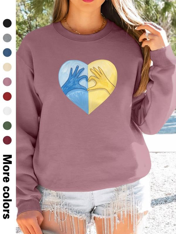 Fashion Casual Heart Peace Print Long Sleeve Round Neck Pullover Sweatshirt, Available in 9 Colors, Perfect for Fall &...