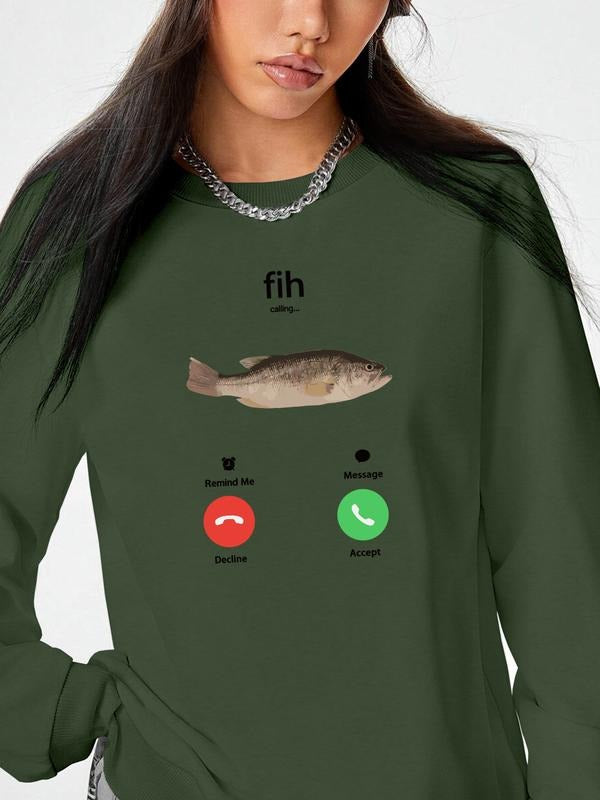 Fashion Casual Letter Cartoon Fish Print Long Sleeve Round Neck Pullover Sweatshirt, Available in 9 Colors, Perfect for...