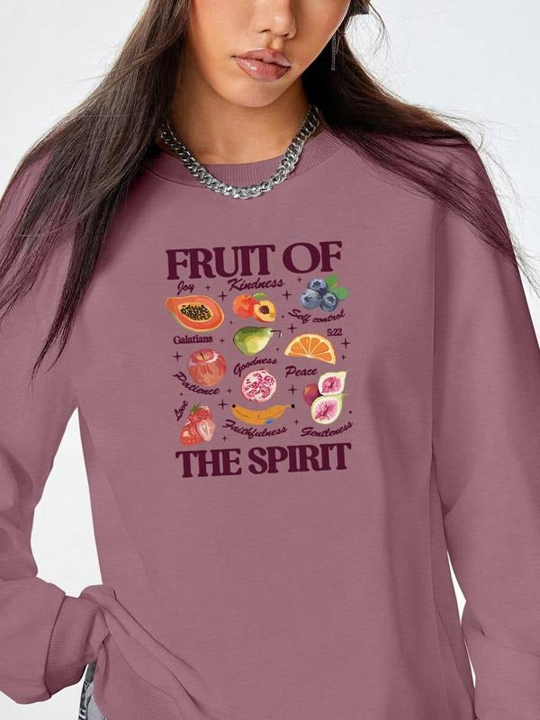 Fashion Casual Letter Fruit Print Long Sleeve Round Neck Pullover Sweatshirt, Available in 7 Colors, Perfect for Fall &...