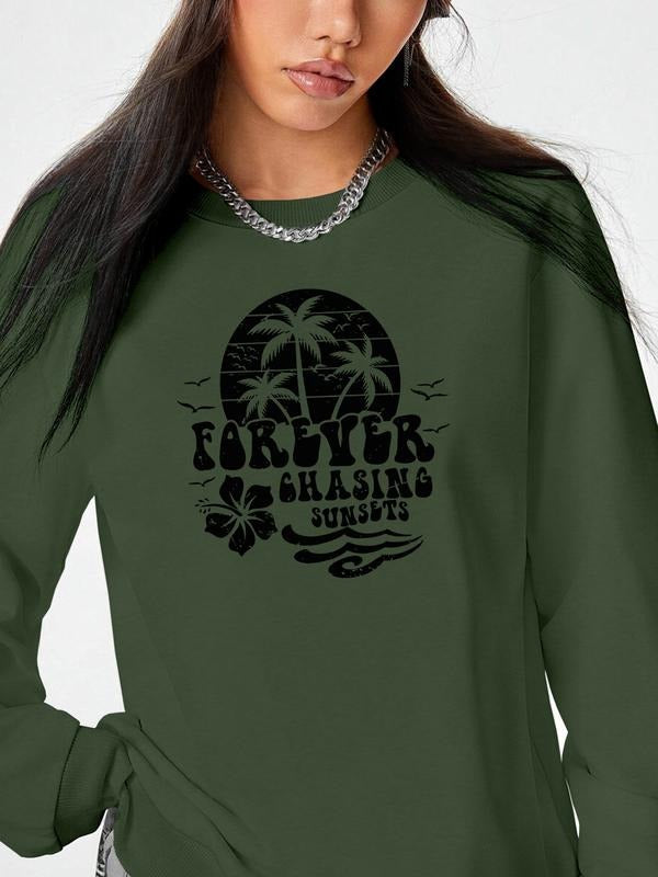 Fashion Casual Letter Palm Tree Print Long Sleeve Round Neck Pullover Sweatshirt, Available in 9 Colors, Perfect for Fall...