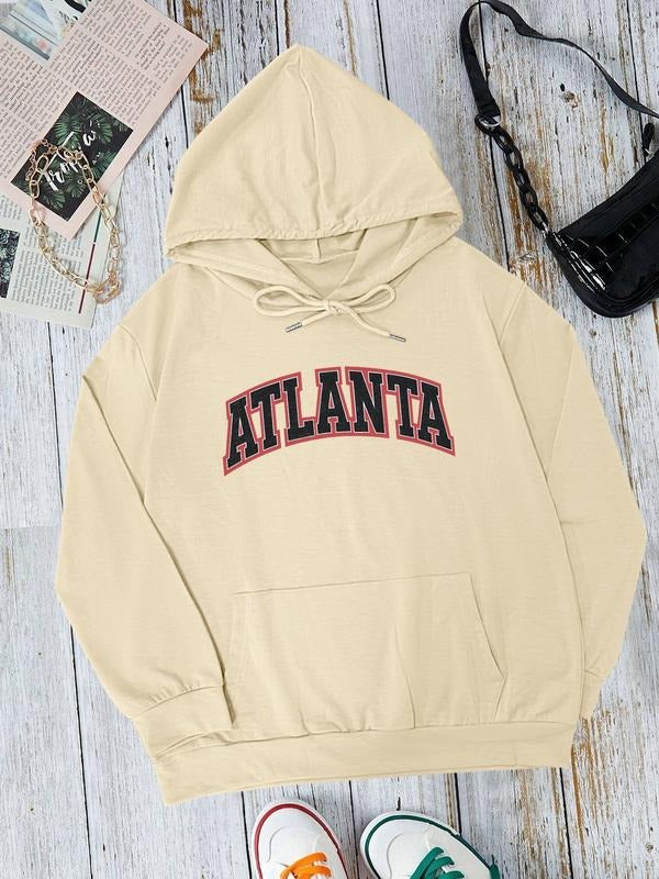 Fashion Casual Letter Print Hooded Sweatshirt with Pocket, Long Sleeve Fitted Pullover for Fall & Winter, Available in 7...